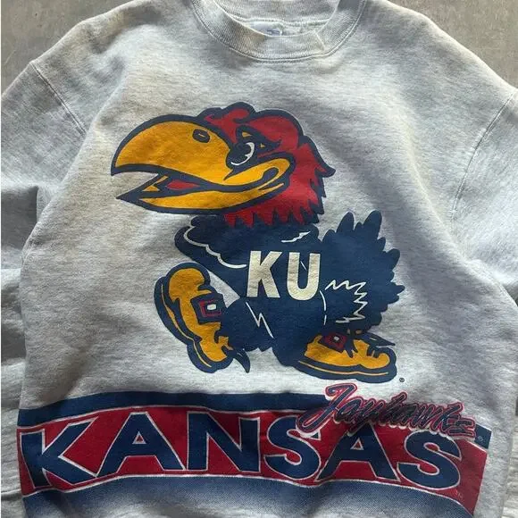 90s Vintage Kansas Jayhawks Wrap Around Heather Gray Crewneck Size L